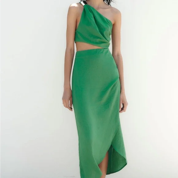 Zara | Dresses | Zara One Shoulder Green Cut Out Dress With Gold | Poshmark